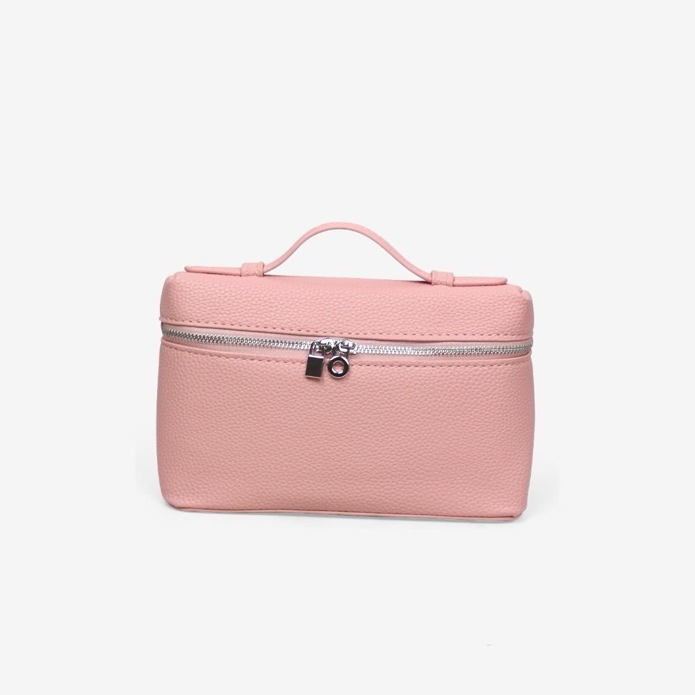 Loro Top Handle Extra Pocket Small Pouch Handbag, Pink Grained Faux Leather